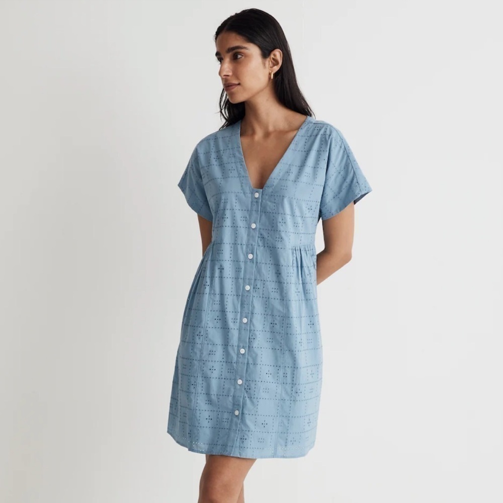 Madewell Eyelet Button-Front V-Neck Mini Dress Large Blue